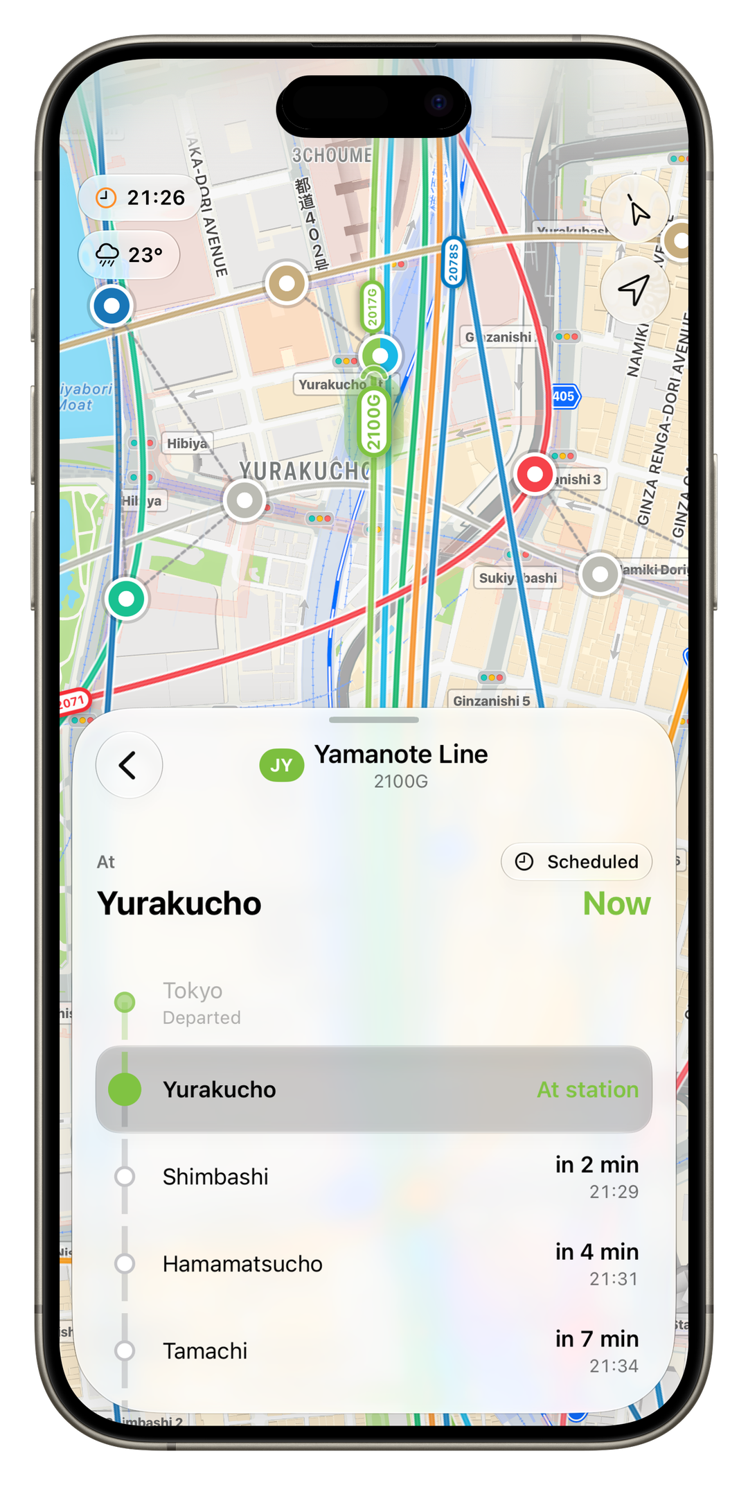 Tokyo Glance volgweergave die een metrodienst bijhoudt met komende haltes.